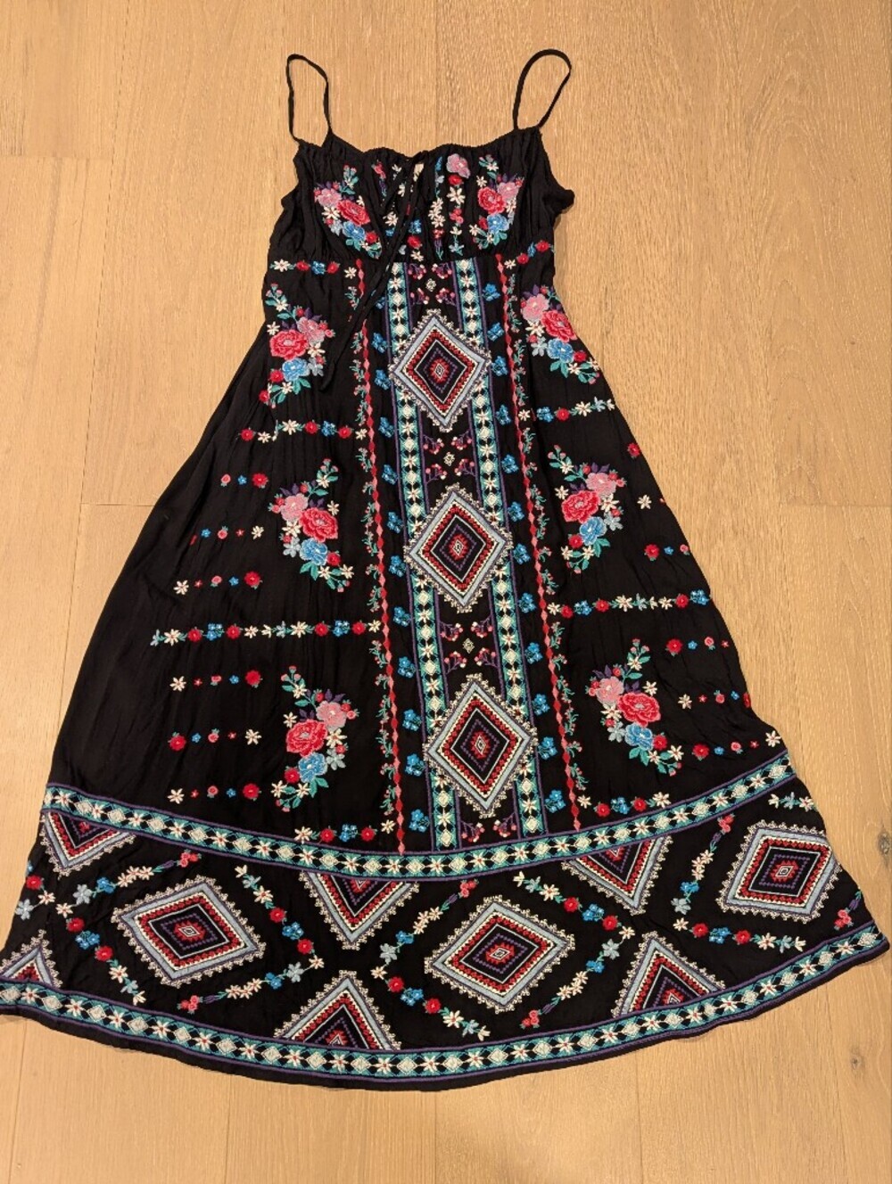 Savanna Jane Black Maxi Dress with Red and Teal Floral Embroidery
